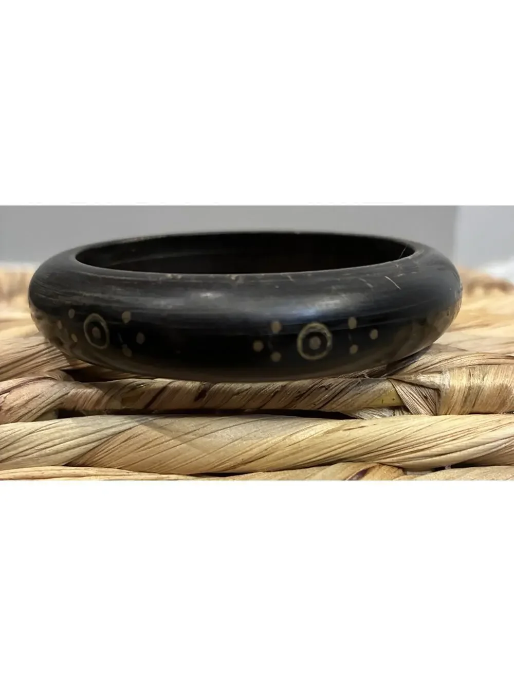 Vintage Carved Horn Bangle Bracelet Black Gold Inlay Tribal Boho Artisan